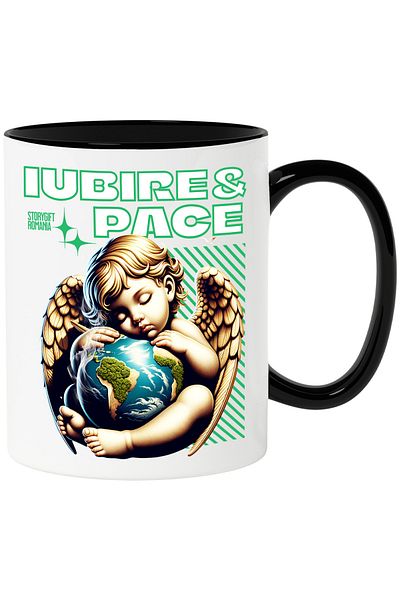 StoryGift Romania Baby Mug Angel and Planet Earth Love & Peace, 330ml, Ceramic with Black Handle, With M,STG