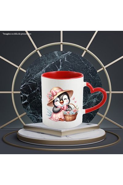 StoryGift Romania Mug with a penguin in a dress, illustration, pink, hat, basket with flowers, flute, With ,STG