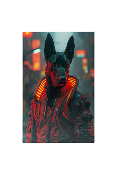 StoryGift Romania Tablou Canvas The Armed Dog De Culoare Neagra Cu Urechile Lungi In Jacheta Neagra Cu Guler Din