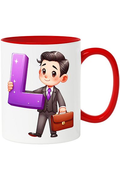 StoryGift Romania Mug with a man with a briefcase holding the letter "L" | illustration | in a suit | , With ,STG