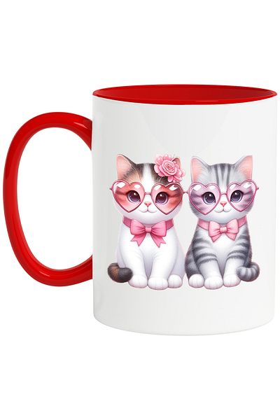 StoryGift Romania Mug with 2 cheerful kittens, illustration, joy, heart-shaped glasses, , With ,STG
