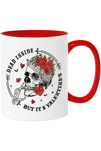 StoryGift Romania Mug with a skull holding a rose between its teeth with the message "Dead inside, bu, Cu,STG"