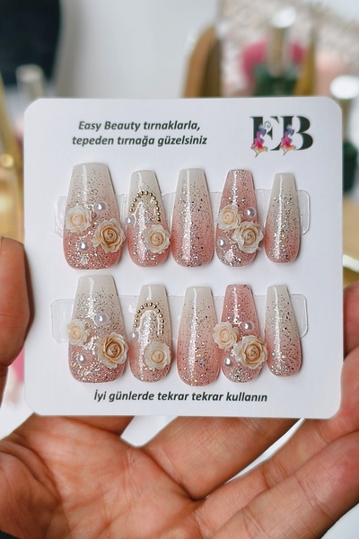 Easy Beauty Protez Tırnak Çiçek Desenli SMALL Beden 10 Adet El Yapımı Takma T...