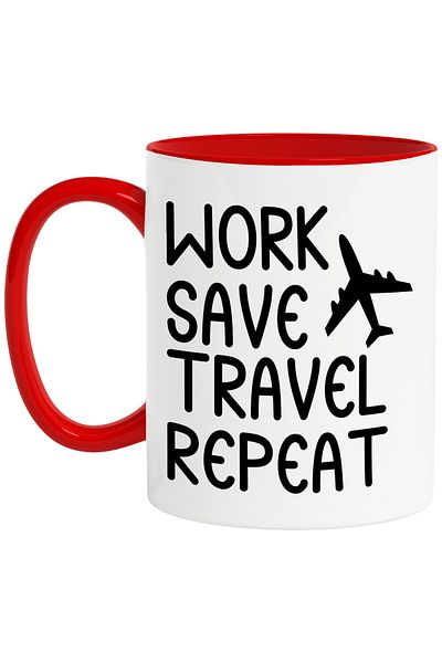 StoryGift Romania Mug with an airplane and the text in English "Work, save, travel, repeat" - work, ec, Cu, STG