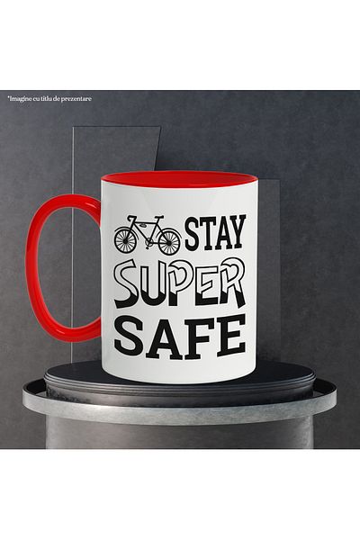 StoryGift Romania Mug with a bicycle and message urging you to stay safe with Red Handle, With, STG.