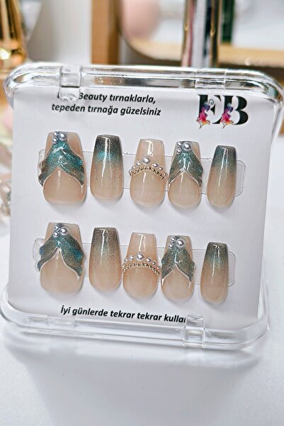 Easy Beauty Protez Tırnak SMALL Beden Balık Kuyruğu Desen 10 Adet El Yapımı T...