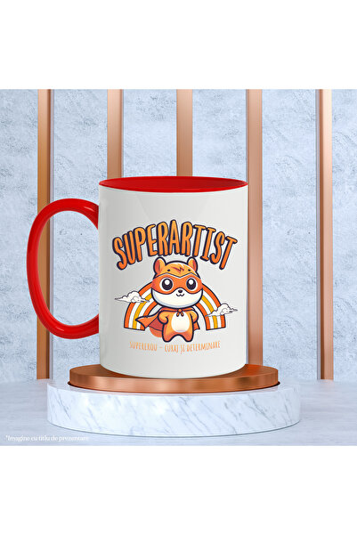 StoryGift Romania Super Artist Superhero Mug, Courage and Determination, 330ml, Ceramic with Red Handle, With M,STG.