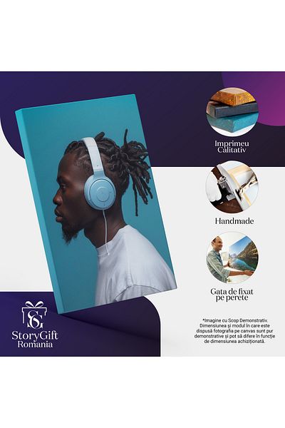StoryGift Romania Tablou Canvas Barbatul Negru cu Parul Dreaduri Prinse si Casti pe Urechi Albastre Imbracat in