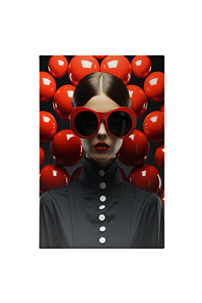 StoryGift Romania Tablou Canvas: O Femeie Cu Ochelari Prea Mari - Haine Negre Baloane Rosii In Spate Pictura Dig
