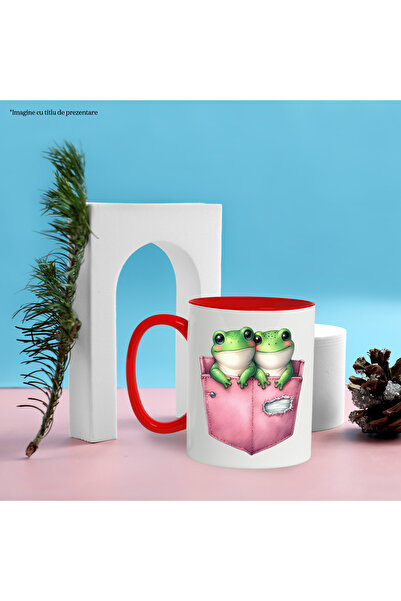 StoryGift Romania Mug with 2 frogs sitting in pockets, illustration, blushing, cheerful, English, With, STG