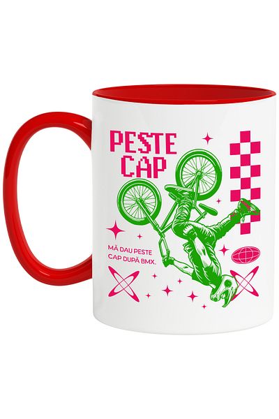 StoryGift Romania Biker mug with bmx sport upside down pattern, 330ml, Ceramic with Red Handle, With Red Handle ST,STG.