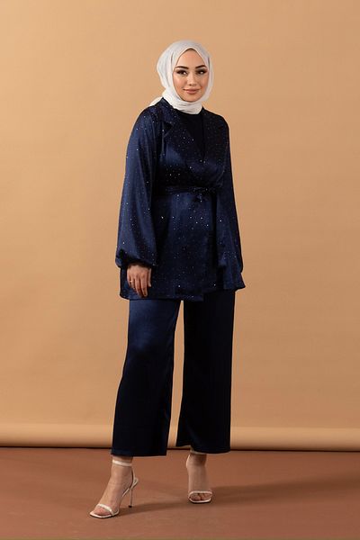 Stilife Stone Embroidered Double Suit Navy Blue