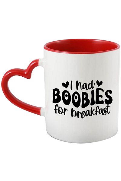 StoryGift Romania Mug with hearts and the message 'I had bo*bies for breakfast' - milk at the little dej, With ,STG