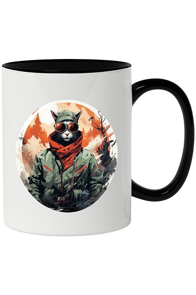 StoryGift Romania Mug With Cat, Tree, Glasses, Jacket, Fez, Forest, Multicolor 330 ml, Ceramics, With ,STG