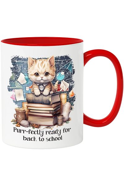 StoryGift Romania Mug with a kitten sitting on a stack of books | illustration | studied everything, With,STG