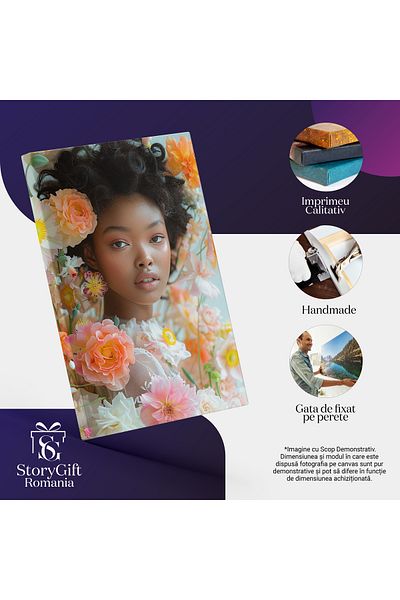 StoryGift Romania Tablou Canvas: Fetita Creola Inconjurata De Flori Colorate Cu Parul Ondulat Si Buze Mari Pictu