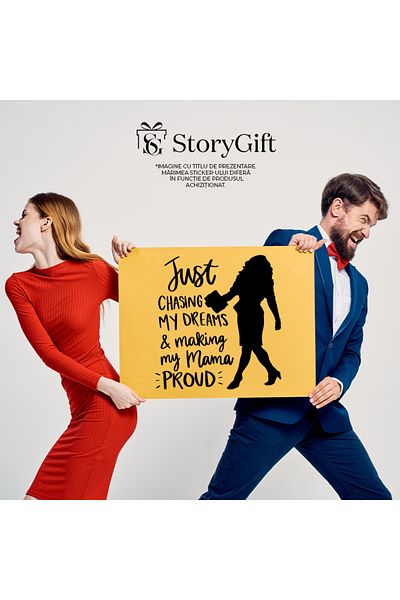 StoryGift Romania Sticker Eticheta 50CM Exterior cu o figura de femeie si mesajul "Doar imi urmez visurile si o