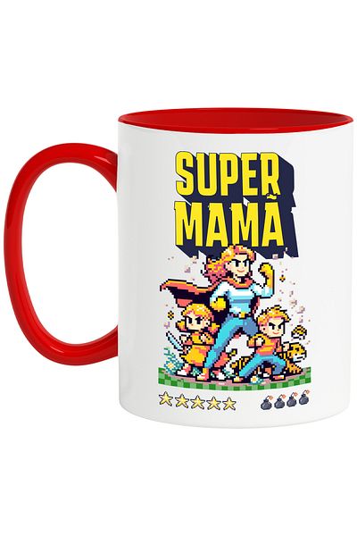 StoryGift Romania Super Mama Mug + pixelart video game family woman, 330ml, Ceramic with Red Handle, With,STG.