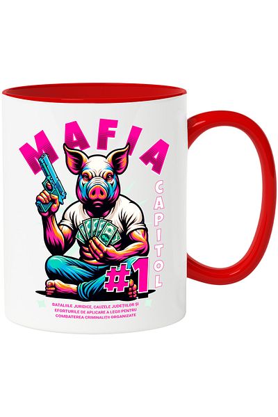 StoryGift Romania Mug Pig mafia gun money chapter 1 digital world, 330ml, Ceramic with Red Handle, With ,STG