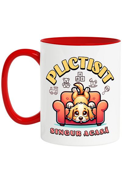 StoryGift Romania Bored Mug. Home Alone Dog on Sad Armchair, 330ml, Ceramic with Red Handle, With ,STG.