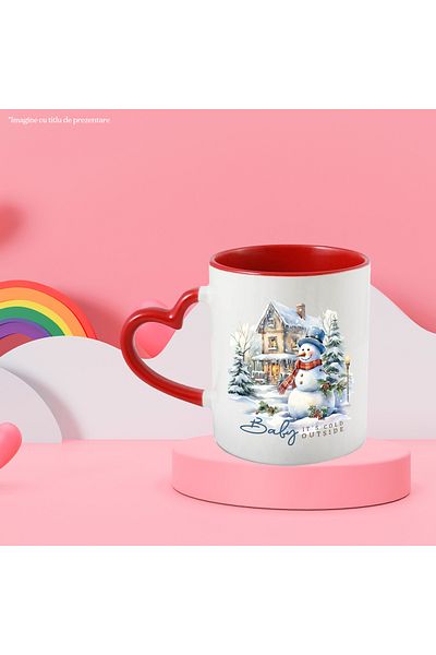 StoryGift Romania Mug with snowman in front of the house with the message "Baby, it's cold outside", Christmas, With,STG.