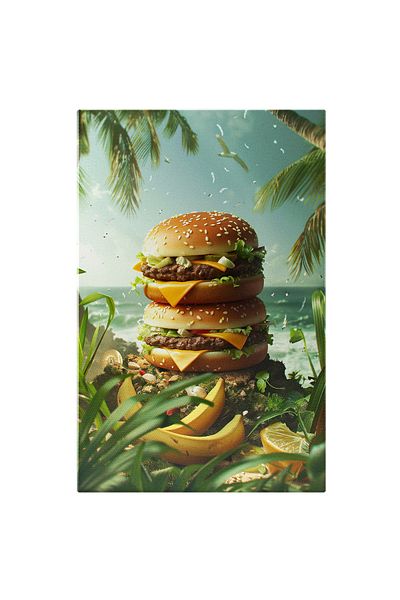StoryGift Romania Tablou Canvas Răsfățul Pe Nisip Mcdonalds Și Banane Și Valurile Spumoase Ale Mării , Pictura Di