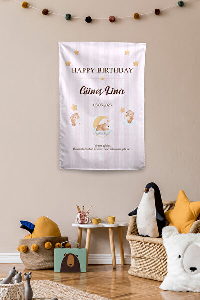 Vagonik Kişiye Özel Doğum Günü Ayıcık Temalı Happy Birthday Duvar Örtüsü Duva...