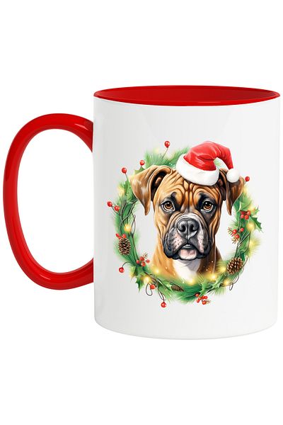 StoryGift Romania Mug with a Boxer puppy wearing a Christmas hat, illustration, crown, fir cones, With ,STG