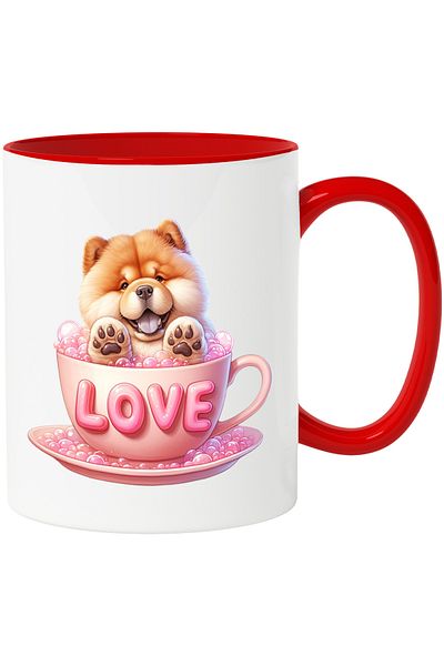 StoryGift Romania Mug with a cheerful Chow Chow puppy | illustration | sitting in a cup | message "L, Cu,STG"