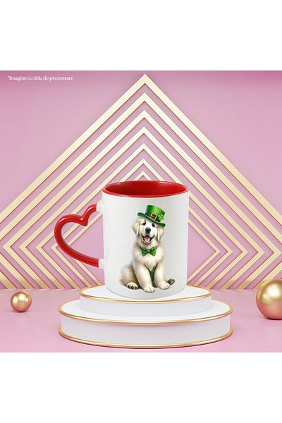 StoryGift Romania Mug With A White Puppy | Happy | Wearing A Green Hat | Bow | Vest | Trif, With ,stg