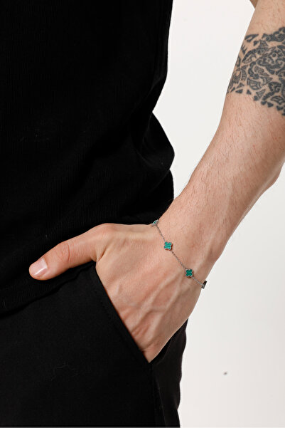 Fjellor Unisex Gümüş Yeşil Minik Boy Figürlü Tasarım Çelik Bileklik