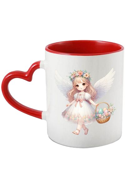 StoryGift Romania Mug with a little girl with angel wings, illustration, holding a basket of painted eggs, With ,STG