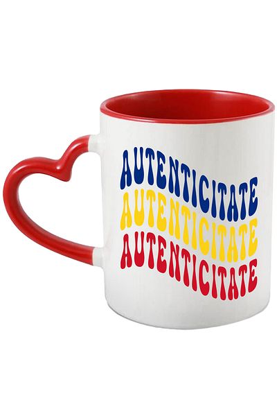 StoryGift Romania Mug with the word Authenticity, in the colors of the Romanian flag, red, yellow, blue, with STG