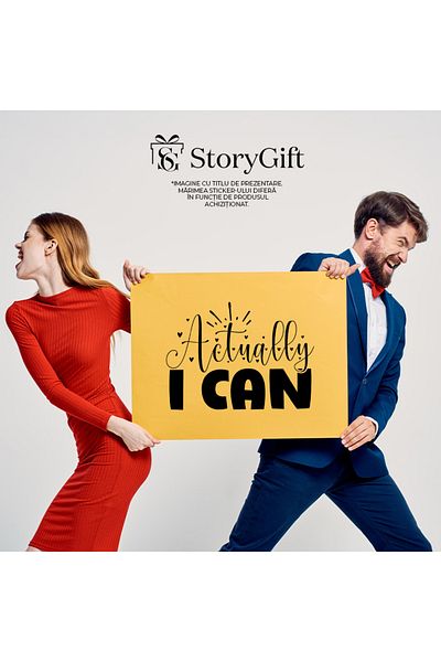 StoryGift Romania Sticker Eticheta 50CM Exterior cu mesaj motivational "Actually I can" - de fapt pot , Vinyl Ne