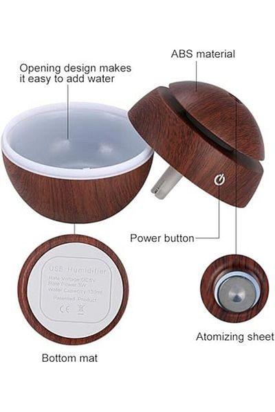 MACVI Difuzor Aromaterapie Umidificator Macvi® UM-06, cu 7 Culori LED, USB, 130 ml, Rotund, Maro