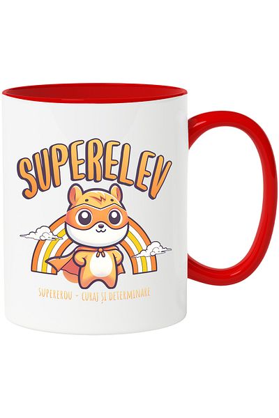 StoryGift Romania Super Student Mug - Superhero, Courage and Determination, 330ml, Ceramic with Red Handle, With M,STG