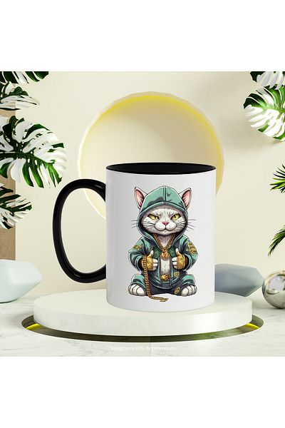 StoryGift Romania Mug With Cat, Sweatshirt, Chain, Gold, Money, Coins, Strap, Multicolor 330 ml, Wax, With