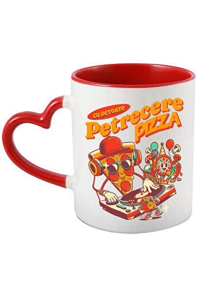 StoryGift Romania Cana petrecere pizza cu de toate dj muzica, 330ml, Ceramica cu Maner Inima Rosie, Cu ,STG