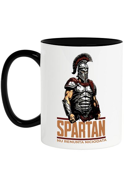 StoryGift Romania Mug with Warrior Knight in Iron Armor with Helmet Text Spartan Never Give Up, With, STG