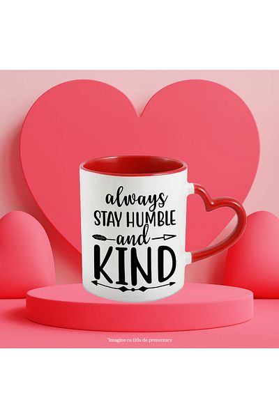 StoryGift Romania Mug with a message that urges you to remain modest and kind to everyone with a Heart Handle, with STG.
