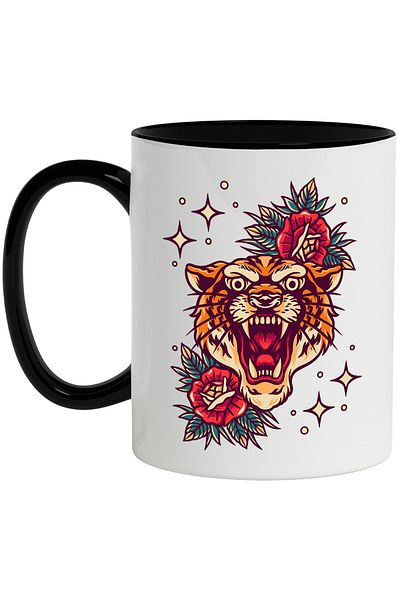 StoryGift Romania Mug With Tiger Head, Roses, Leaves, Stars, Polka Dots, Multicolor 330 ml, Wax, With ,STG
