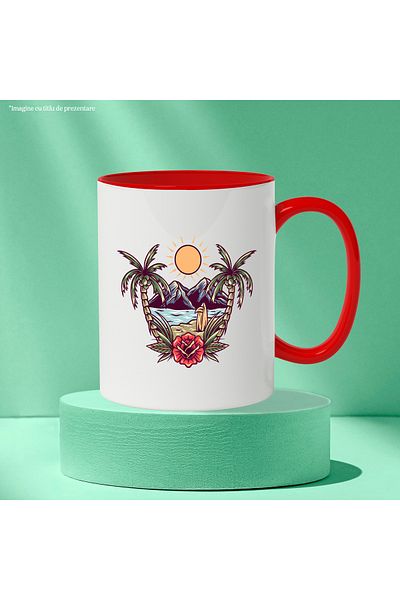 StoryGift Romania Beach Mug: Sun, Flower, Sand, Palm Trees, Ocean, Mountains, Multicolor 330 ml, , With ,STG