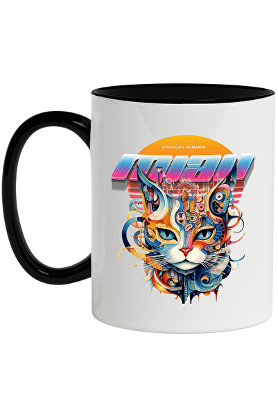 StoryGift Romania Cana Cu Mesaj Miau, Cap De Pisica, Cladiri, RetroWave, Mult...