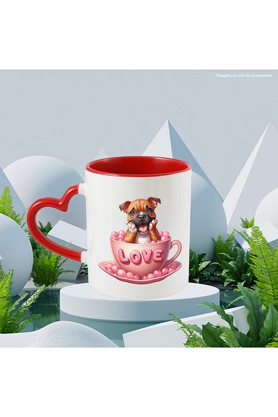 StoryGift Romania Mug with a playful puppy sitting in a cup that says "Love" | happiness |, With ,STG.