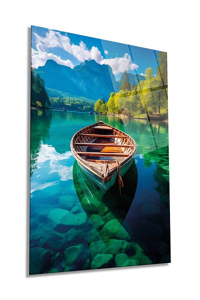 Rosyvien Lake Kayak Landscape Vertical Glass Painting, Διακόσμηση τοίχου σπιτιού και γραφείου, πολυτελές δώρο, αντιθραυστικό και αντιχαρακτική
