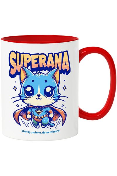 StoryGift Romania Super Ana Mug, Superhero, Flying Cat, 330ml, Ceramic with Red Handle, With Red Handle, STG