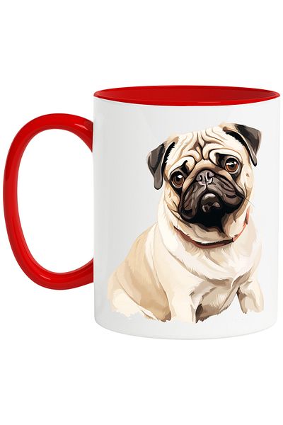StoryGift Romania Mug with a sad Pug puppy, illustration, eyes almost in tears, collar, for , With ,STG