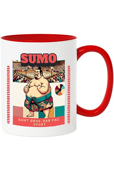 StoryGift Romania Mug Sportsman sumo japan funny message I'm fat, 330ml, Ceramic with Red Handle, With Handle, STG