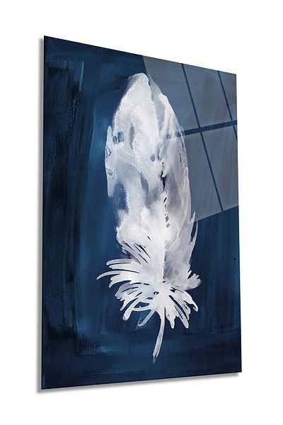 Rosyvien Pictură decorativă pe sticlă verticală cu pene albastre, decor de perete pentru casă și birou, cadou de lux, rezistent la spargere și anti-zgârieturi
