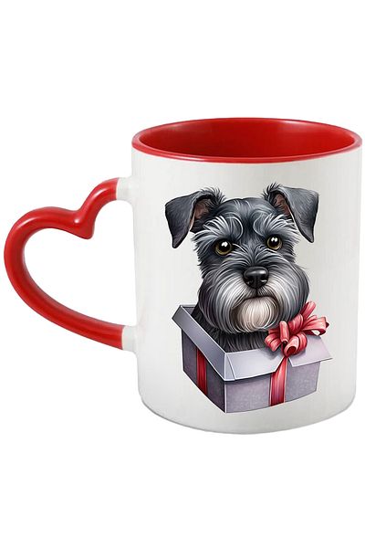StoryGift Romania Mug with a serious gray puppy coming out of a gift box | illustration, With,STG